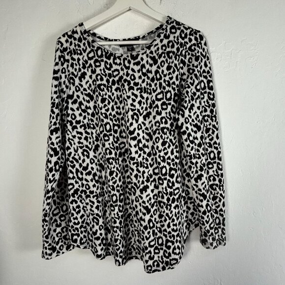Karen Kane Women Leopard Print Long Sleeve Top Medium Black White Stretch Casual - Picture 1 of 8